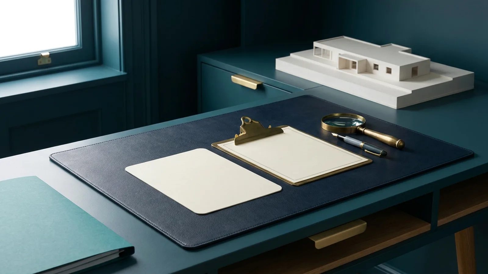 A blank card and a blank certificate on a brass clipboard lie on a navy desk pad beside a magnifier, pen and building model.